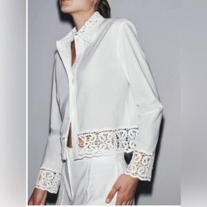 NWT Zara ZWCollection Crochet Lace Trim Shirt Medium Long Sleeve Blouse Top